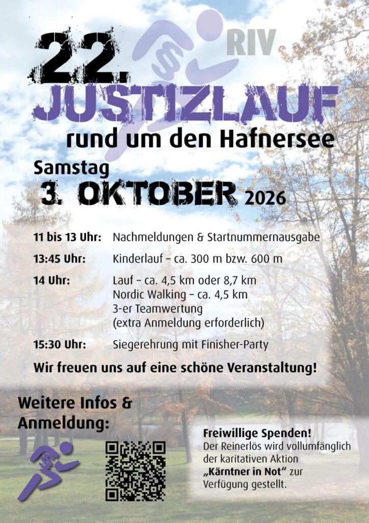 Veranstaltungsplakat für den 22. Justizlauf am 3. Oktober 2026 am Hafnersee mit Lauf- und Nordic Walking-Events, Siegerehrung und Spendenmöglichkeit.